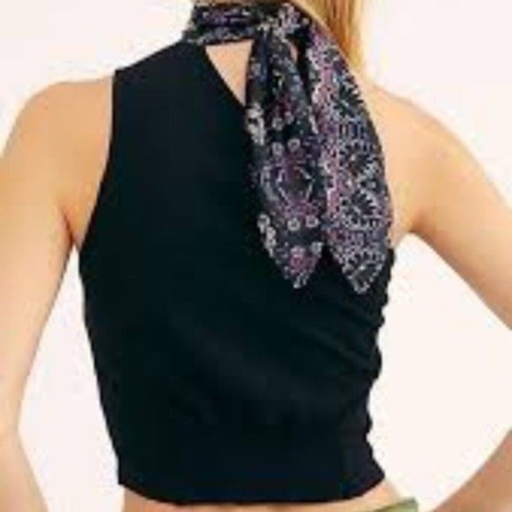 Free People Caroline One-Shoulder Crop Top Womens XL Black Smocked Back Tie Neck